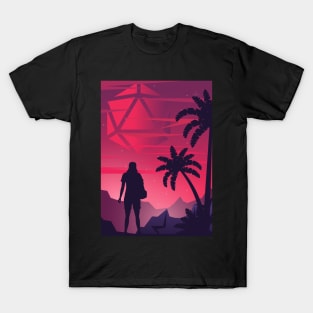 Synthwave Futuristic Polyhedral D20 Dice Sun T-Shirt